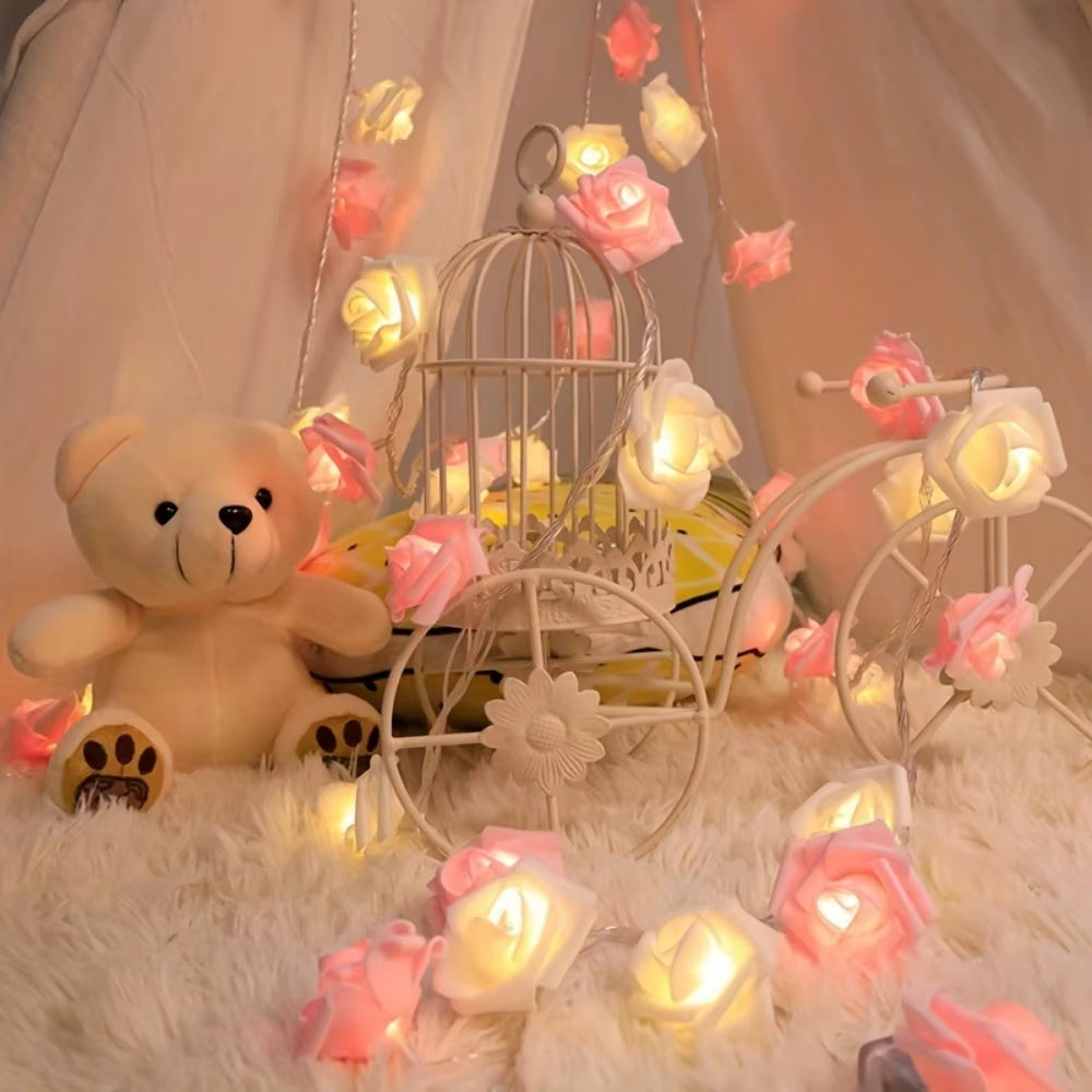 1Pc 2M 10Lights LED White and Pink Rose String Lights for Room Garden Decoration Night Light without Battery