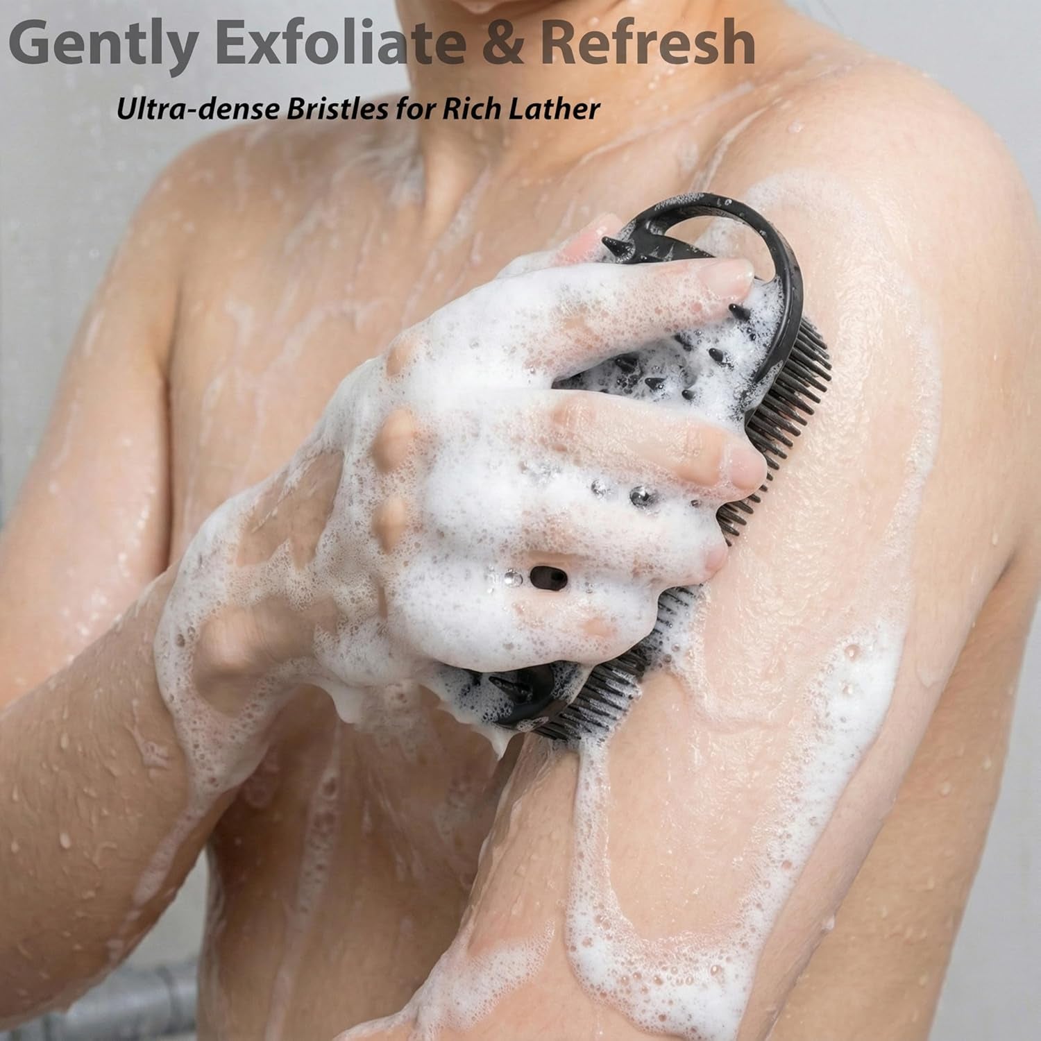 2 PC Silicone Body Scrubber, 2 in 1 Exfoliating Shower Bath Scrubber, Soft Silicone Loofah for Sensitive Skin, Shower Hair Scalp Massager, Easy to Clean, Lather Well (Grey&Black)