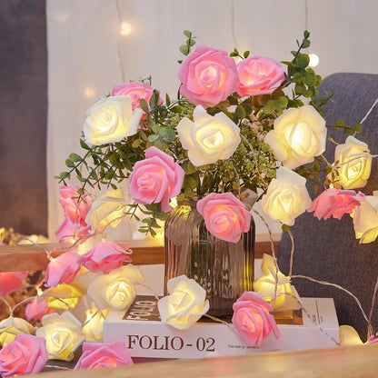 1Pc 2M 10Lights LED White and Pink Rose String Lights for Room Garden Decoration Night Light without Battery
